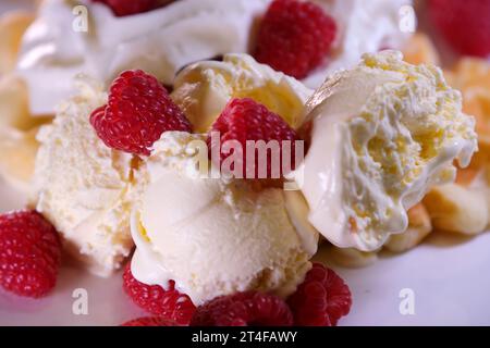crème glacée crémeuse avec des framboises et des crêpes crème maison délicieuse nourriture dessert fraîcheur été les baies cuisinent et mangent. recette délicieuse Banque D'Images