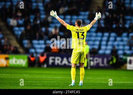 Four le lundi 30 octobre 2023. Le gardien Ben Wilson (13 Coventry City) fait des gestes lors du match du championnat Sky Bet entre Coventry City et West Bromwich Albion au Coventry Building Society Arena, Coventry le lundi 30 octobre 2023. (Photo : Kevin Hodgson | MI News) crédit : MI News & Sport / Alamy Live News Banque D'Images