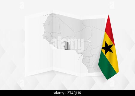 Une carte en niveaux de gris du Ghana avec un drapeau ghanéen suspendu sur un côté. Carte vectorielle pour de nombreux types de nouvelles. Illustration vectorielle. Illustration de Vecteur
