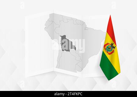 Une carte en niveaux de gris de la Bolivie avec un drapeau bolivien suspendu sur un côté. Carte vectorielle pour de nombreux types de nouvelles. Illustration vectorielle. Illustration de Vecteur