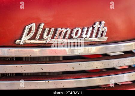 WETTENBERG, HESSE, ALLEMAGNE - 07 - 28 - 2023 : PLYMOUTH Truck car Lettering en détail sur un salon de voitures Golden Oldies à Krofdorf-Gleiberg, près de Giessen, HE Banque D'Images