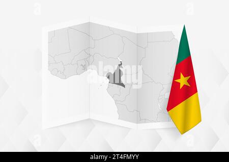 Une carte en niveaux de gris du Cameroun avec un drapeau camerounais suspendu sur un côté. Carte vectorielle pour de nombreux types de nouvelles. Illustration vectorielle. Illustration de Vecteur