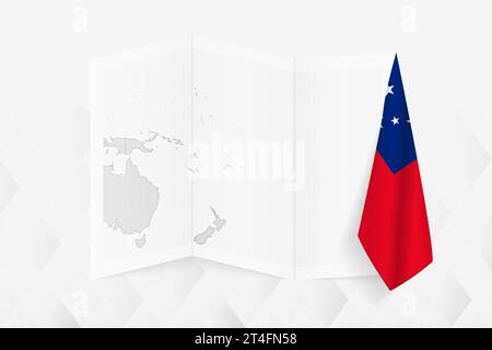 Une carte en niveaux de gris des Samoa avec un drapeau samoan suspendu sur un côté. Carte vectorielle pour de nombreux types de nouvelles. Illustration vectorielle. Illustration de Vecteur