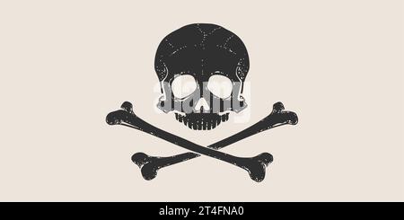 Death Skull Crossbones. Crâne blanc dessiné à la main rétro avec des os croisés sur drapeau pirate blanc. Affiche vintage avec squelette de crâne noir sur fond blanc pour la célébration Halloween. Illustration vectorielle Illustration de Vecteur