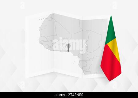 Une carte en niveaux de gris du Bénin avec un drapeau béninois suspendu sur un côté. Carte vectorielle pour de nombreux types de nouvelles. Illustration vectorielle. Illustration de Vecteur