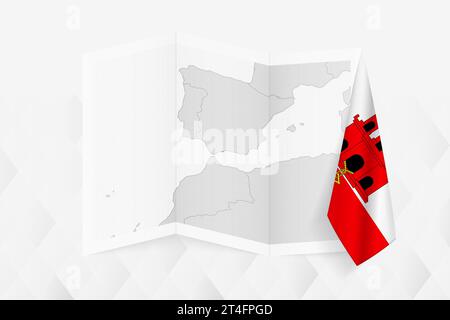 Une carte en niveaux de gris de Gibraltar avec un drapeau de Gibraltar suspendu sur un côté. Carte vectorielle pour de nombreux types de nouvelles. Illustration vectorielle. Illustration de Vecteur