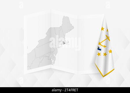 Une carte en niveaux de gris du Rhode Island avec un drapeau de Rhode Island suspendu sur un côté. Carte vectorielle pour de nombreux types de nouvelles. Illustration vectorielle. Illustration de Vecteur