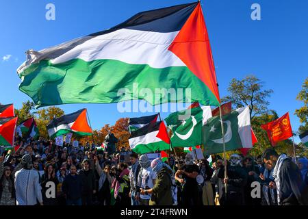A Montréal, une multitude de manifestants se sont unis en solidarité avec les Palestiniens, appelant avec ferveur à un cessez-le-feu urgent à Gaza, le 28 octobre 2023 Banque D'Images