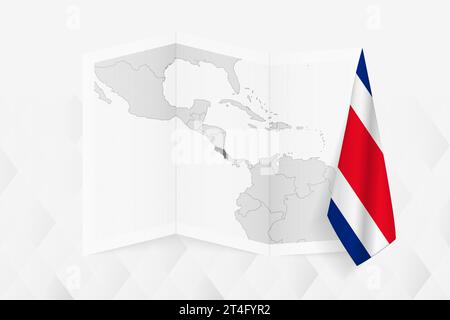 Une carte en niveaux de gris du Costa Rica avec un drapeau du Costa Rica suspendu sur un côté. Carte vectorielle pour de nombreux types de nouvelles. Illustration vectorielle. Illustration de Vecteur