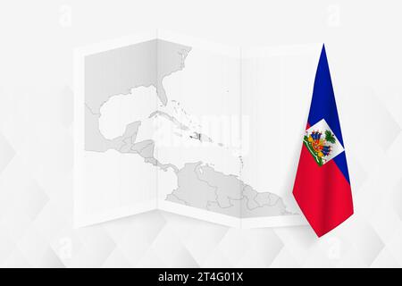 Une carte en niveaux de gris d'Haïti avec un drapeau haïtien suspendu sur un côté. Carte vectorielle pour de nombreux types de nouvelles. Illustration vectorielle. Illustration de Vecteur
