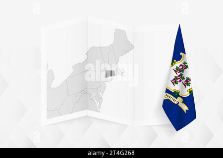 Une carte en niveaux de gris du Connecticut avec un drapeau du Connecticut suspendu sur un côté. Carte vectorielle pour de nombreux types de nouvelles. Illustration vectorielle. Illustration de Vecteur