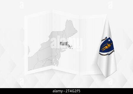 Une carte en niveaux de gris du Massachusetts avec un drapeau du Massachusetts suspendu sur un côté. Carte vectorielle pour de nombreux types de nouvelles. Illustration vectorielle. Illustration de Vecteur