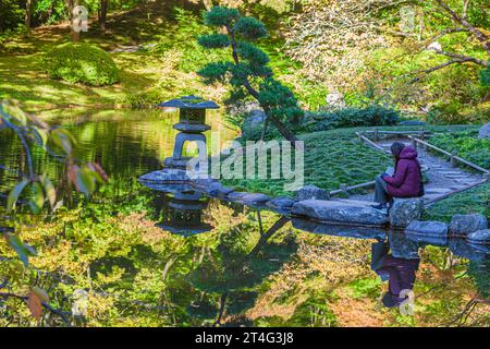 Femme dessinant dans le jardin japonais Nitobe à UBC à Vancouver Canada Banque D'Images