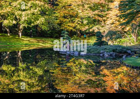 Femme dessinant dans le jardin japonais Nitobe à UBC à Vancouver Canada Banque D'Images