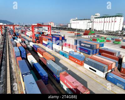 LIANYUNGANG, CHINE - 31 OCTOBRE 2023 - de grandes machines chargent des conteneurs dans un train à la base de coopération logistique Chine-Kazakhstan (Lianyungang) Banque D'Images