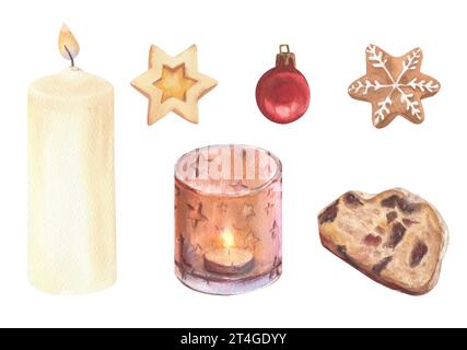 Ensemble de biscuits de Noël peints à l'aquarelle. Élément sur fond blanc pour créer des décorations de vacances, des cartes et des emballages. Banque D'Images