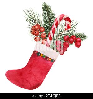 Chaussette de Noël avec des branches de sapin vert et des baies rouge vif. Illustration aquarelle pour décor du nouvel an. Cliparts isolées sur fond blanc Banque D'Images