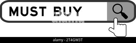 Bannière de recherche dans Word doit acheter avec la main sur l'icône loupe sur fond blanc Illustration de Vecteur