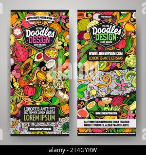 Ensemble de doodle vectoriel de dessin animé de modèles de bannières Tropical fruits. Identité d'entreprise pour l'utilisation sur les applications, la marque, les flyers, la conception Web. Drôle naturel fo Illustration de Vecteur