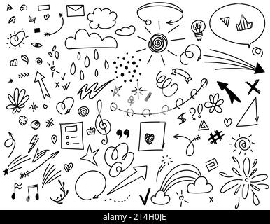Soulignement d'esquisse, éléments de griffonnage, accent, formes de flèche définies, nature. Trait de pinceau dessiné à la main, surlignage, soulignement, élément brillant. Illustration vectorielle Illustration de Vecteur