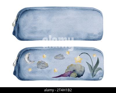 Watercolor hand drawn illustration, kids children painting materials supplies, soft blue pencil case with sleeping sheep. Single object isolated on Banque D'Images