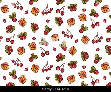 Motif minimaliste de feuilles d'automne, de baies, sur un fond transparent, motif sans couture, design simple dessiné avec un pinceau, Vector Illustration de Vecteur