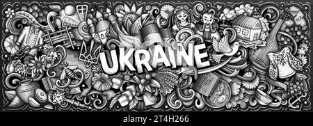 Illustration vectorielle avec le thème Ukraine doodles. Design de bannière monochrome, capturant l'essence de la culture et des traditions ukrainiennes à travers ca Illustration de Vecteur