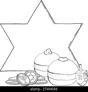 Heureux modèle Hanukkah avec beignets et étoile Illustration de Vecteur
