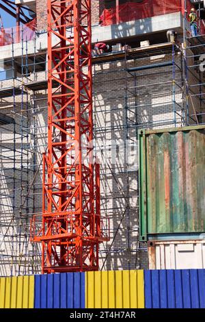 travailleurs afro-américains travaillant sur l'échafaudage sur un chantier de construction d'un bâtiment commercial, clôture et conteneur au premier plan Banque D'Images