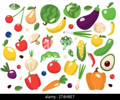 Collection de légumes et de fruits savoureux frais dessinés à la main colorés isolés sur fond blanc. Ensemble de produits végétaliens sains et délicieux, bio Illustration de Vecteur