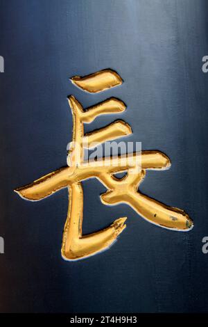 Estampage à chaud caractères chinois à bord, gros plan de la photo Banque D'Images