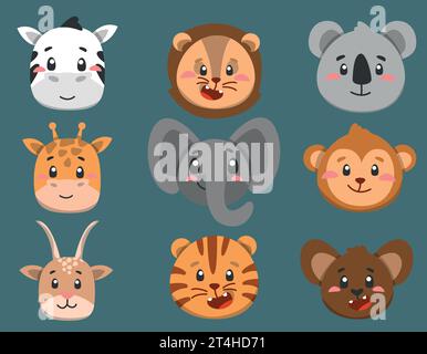 visages mignons d'animaux d'afrique dans le vecteur, personnages d'enfants pour la conception Illustration de Vecteur