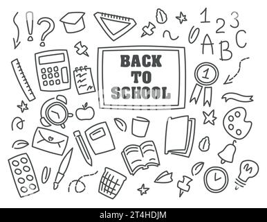 Doodle illustration de retour à l'école, ligne noire, fond transparent, motif, réveil, matières scolaires, graphiques vectoriels, école Illustration de Vecteur