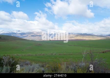 Paysage agricole d'hiver vue panoramique sur une vallée et des montagnes enneigées à Ceres, Western Cape, Afrique du Sud concept d'agriculture et d'agriculture Banque D'Images