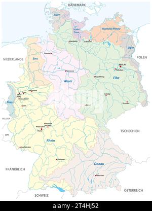 Carte détaillée des bassins versants en Allemagne, en langue allemande Banque D'Images