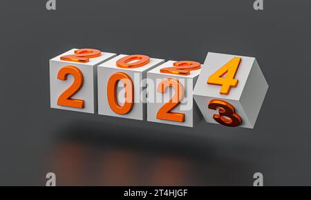 Concept de vacances du nouvel an. Les cubes portant le numéro 2024 remplacent 2023. rendu 3d. Banque D'Images