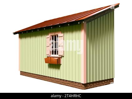 Rendu 3D d'un abri de jardin vert avec toit rouge isolé sur fond blanc Banque D'Images