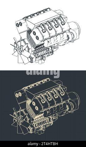 Illustrations vectorielles stylisées de plans isométriques de moteur turbo diesel Illustration de Vecteur