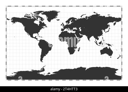 Carte du monde vectorielle. Projection stéréographique cylindrique. Carte géographique du monde simple avec des lignes de latitude et de longitude. Centré sur une longitude de 0 degrés. VE Illustration de Vecteur