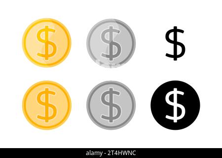 Icônes de signe dollar isolées. Ensemble vectoriel de pièces d'or et d'argent et symbole monochrome du dollar noir et blanc. Éléments de conception plats. Illustration de Vecteur