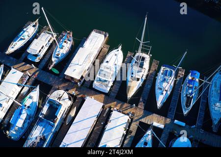 Vue aérienne des bateaux et yachts amarrés dans la marina sur les eaux du lac Lanier entouré d'arbres verdoyants à Buford Georgia USA Banque D'Images