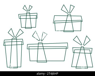 Boîtes cadeaux de style Doodle, contour, cadeaux isolés sur blanc. Emballage coloré. Vente, concept d'achat pour la conception Collection pour anniversaire, Noël. F Illustration de Vecteur
