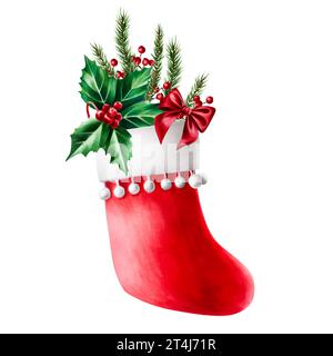 Bas de noël rouge aquarelle avec branches de sapin et houx Berry, noeud de satin rouge. Illustration du symbole botanique du nouvel an de décembre isolé sur blanc Banque D'Images