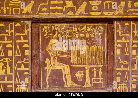 Egypte, Saqqara, tombeau de Mehu, panneau d'une splendide fausse porte, aux couleurs vives. Banque D'Images