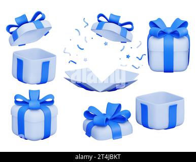 Ensemble de boîtes-cadeaux vectorielles 3d, ouvertes et fermées avec un arc en ruban bleu. Boîte surprise de vacances volante avec poppers et coeurs. Cadeaux festifs. Pour advertis Illustration de Vecteur