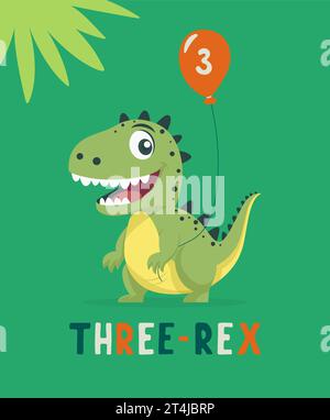 Dinosaure Tirannosaur trois Rex. Dessin animé Tirex. Carte d'anniversaire pour un enfant de trois ans. Motif vectoriel mignon et amusant dessin animé Dinosaur Illustration de Vecteur