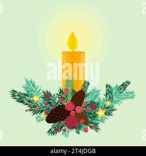 Bougeoirs de Noël en branches d'épicéa. Décoration de vacances avec des pins bruns, des étoiles jaunes et des baies rouges sur un fond vert. Nouvel an. Illustration de Vecteur