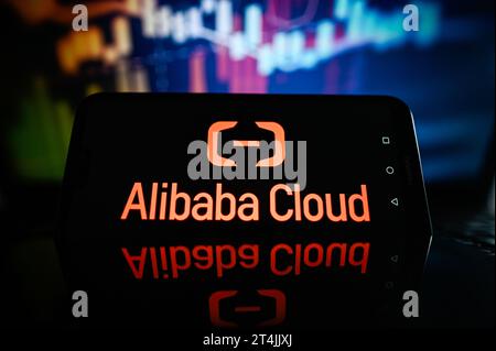 Dans cette illustration photo, un logo Alibaba Cloud est affiché sur un smartphone avec des pourcentages boursiers en arrière-plan. Banque D'Images