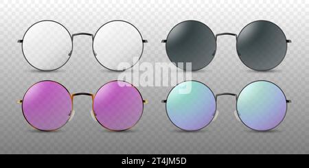 Vecteur réaliste incolore, noir, rose et violet cadre rond lunettes ensemble de cadre en gros plan isolé. Lunettes de soleil transparentes pour femmes et hommes. Optique Illustration de Vecteur