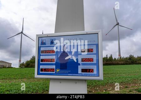 Bürgerwindpark Westernfeld-Buchgarten, près de Lichtenau, 11 éoliennes, affichage de la performance énergétique, organisé et financé en coopération, profits flo Banque D'Images